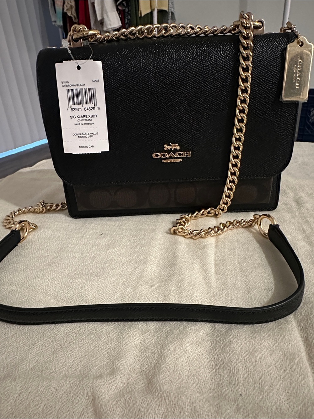 Coach Black Leather Crossbody with Gold Chain Strap